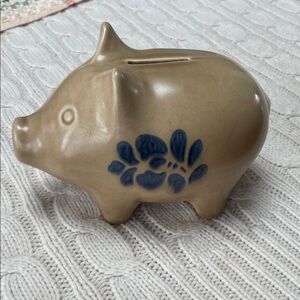 VTG Pfaltzgraff Folk Art Ceramic Piggy Bank blue tan 6” L x 3.75” H no stopper